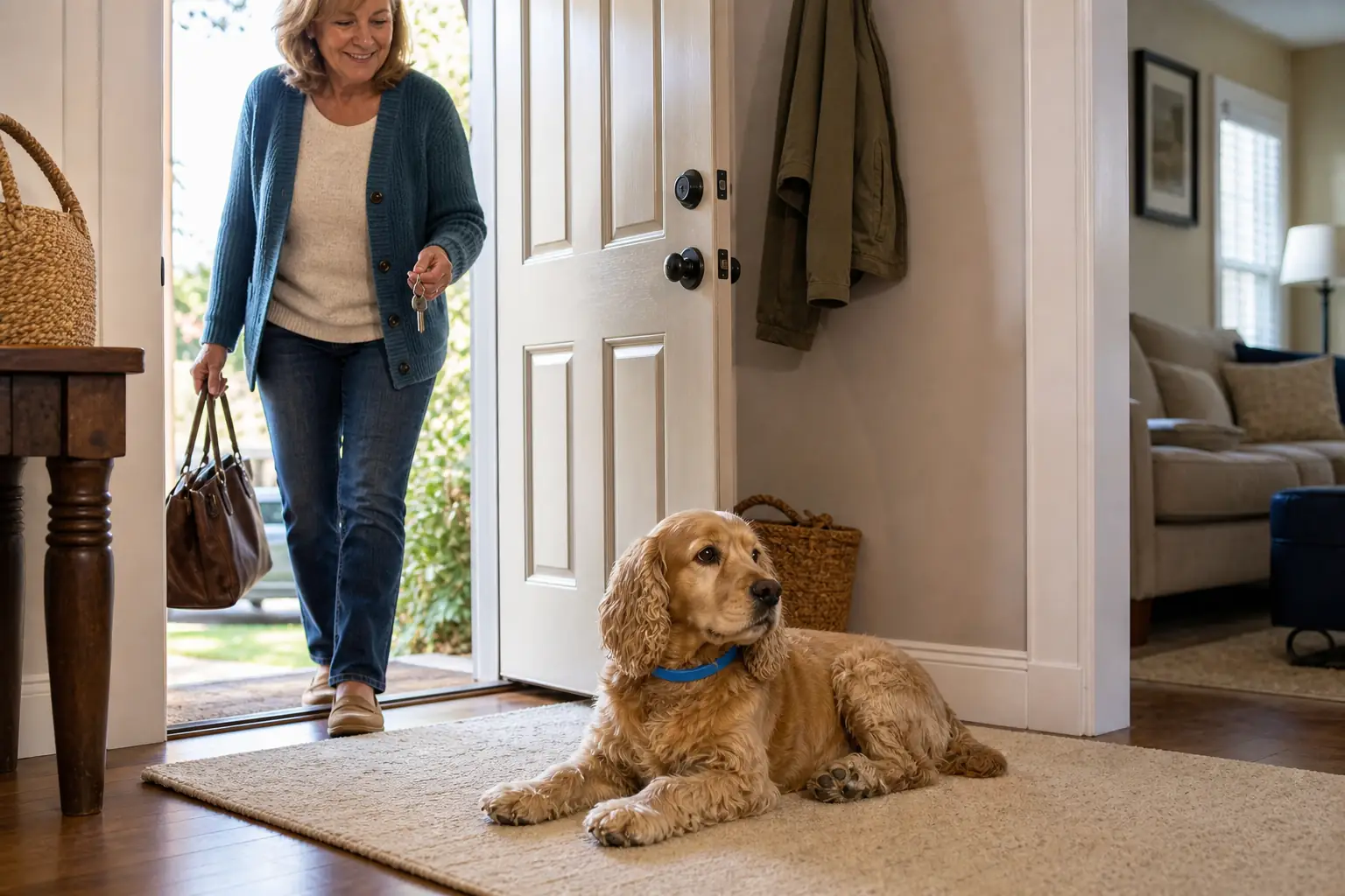 A woman walks through an open front door as her cocker spaniel dog lies on a rug.
