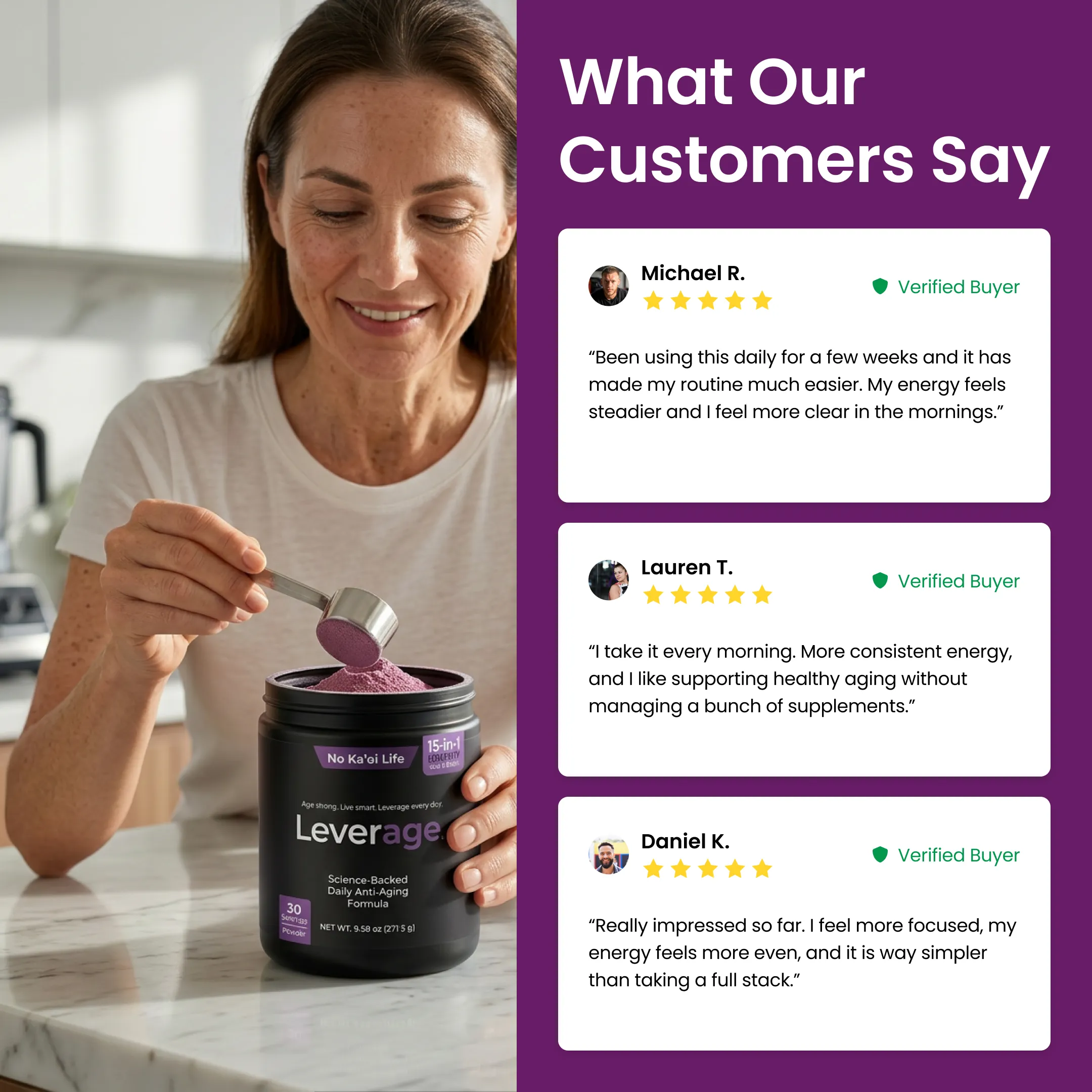 A woman scoops purple supplement powder from a container, next to positive customer testimonials.
