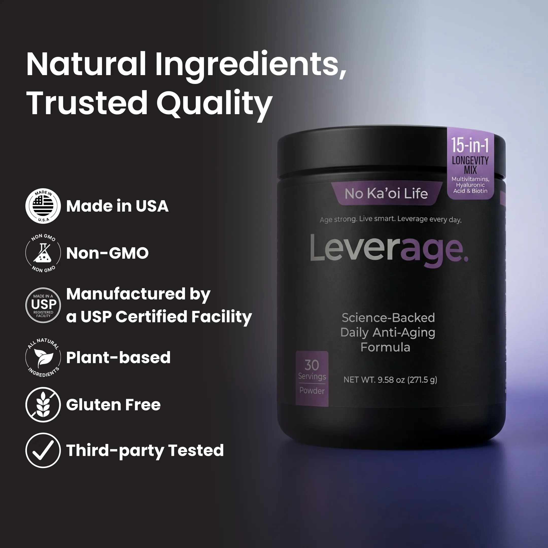 A black jar of Leverage anti-aging powder with text listing its natural ingredients and trusted quality certifications.