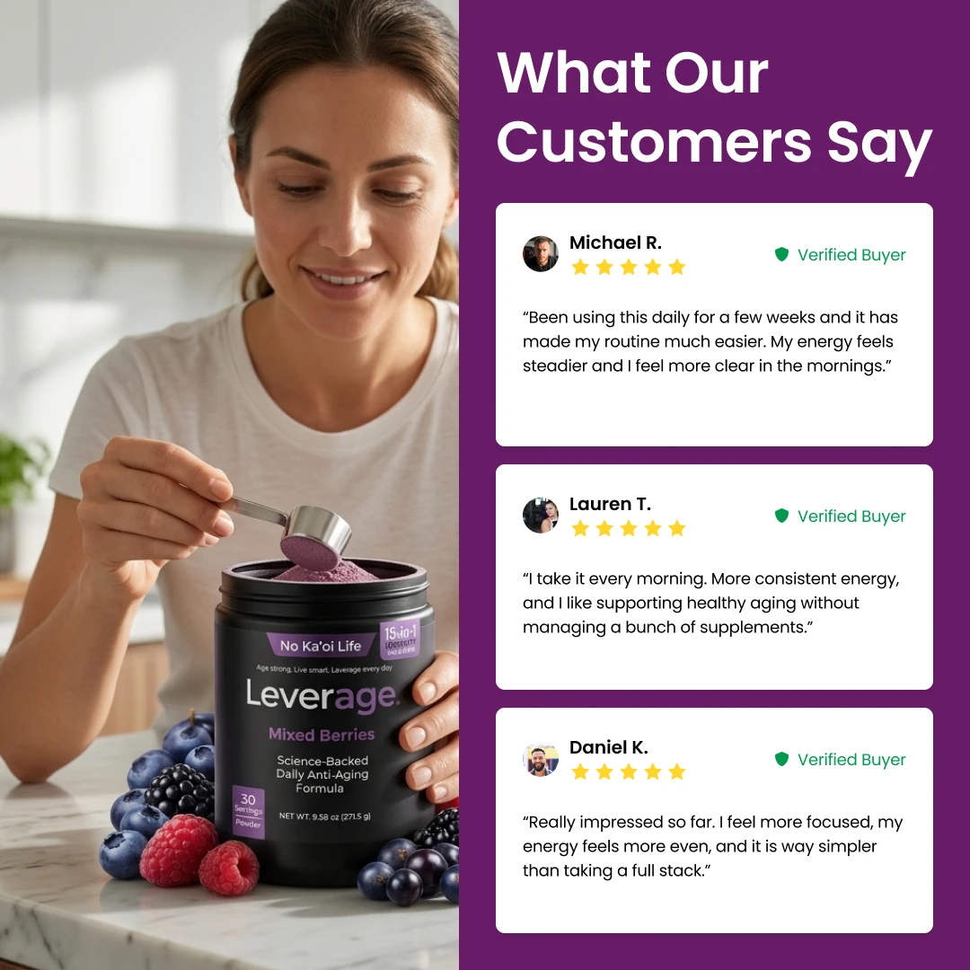 An advertisement showing a woman scooping supplement powder next to customer testimonials.