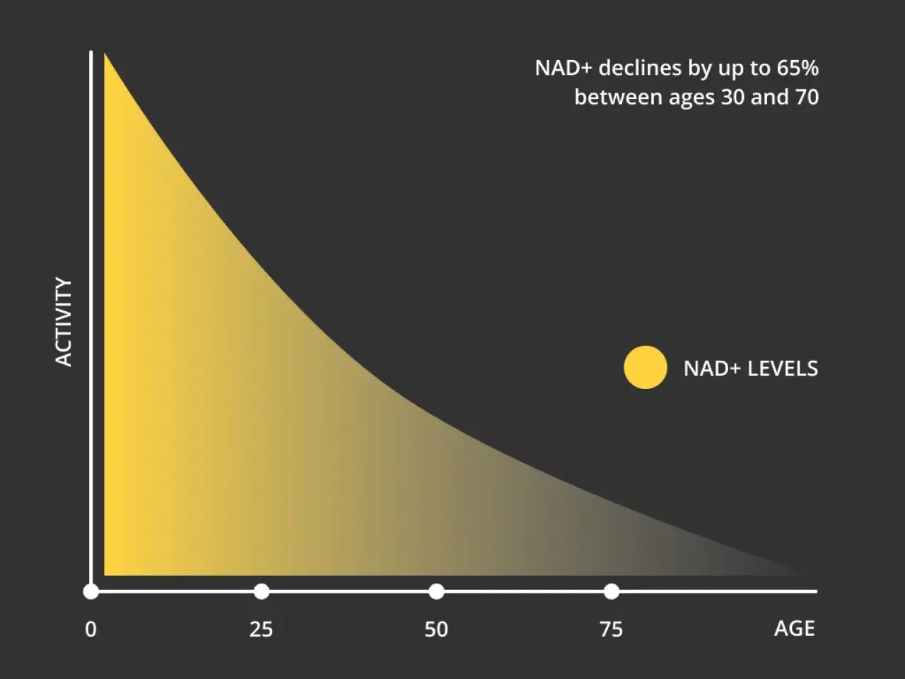 A graph showing how NAD+ levels and activity decline with age, decreasing up to 65% between 30 and 70.