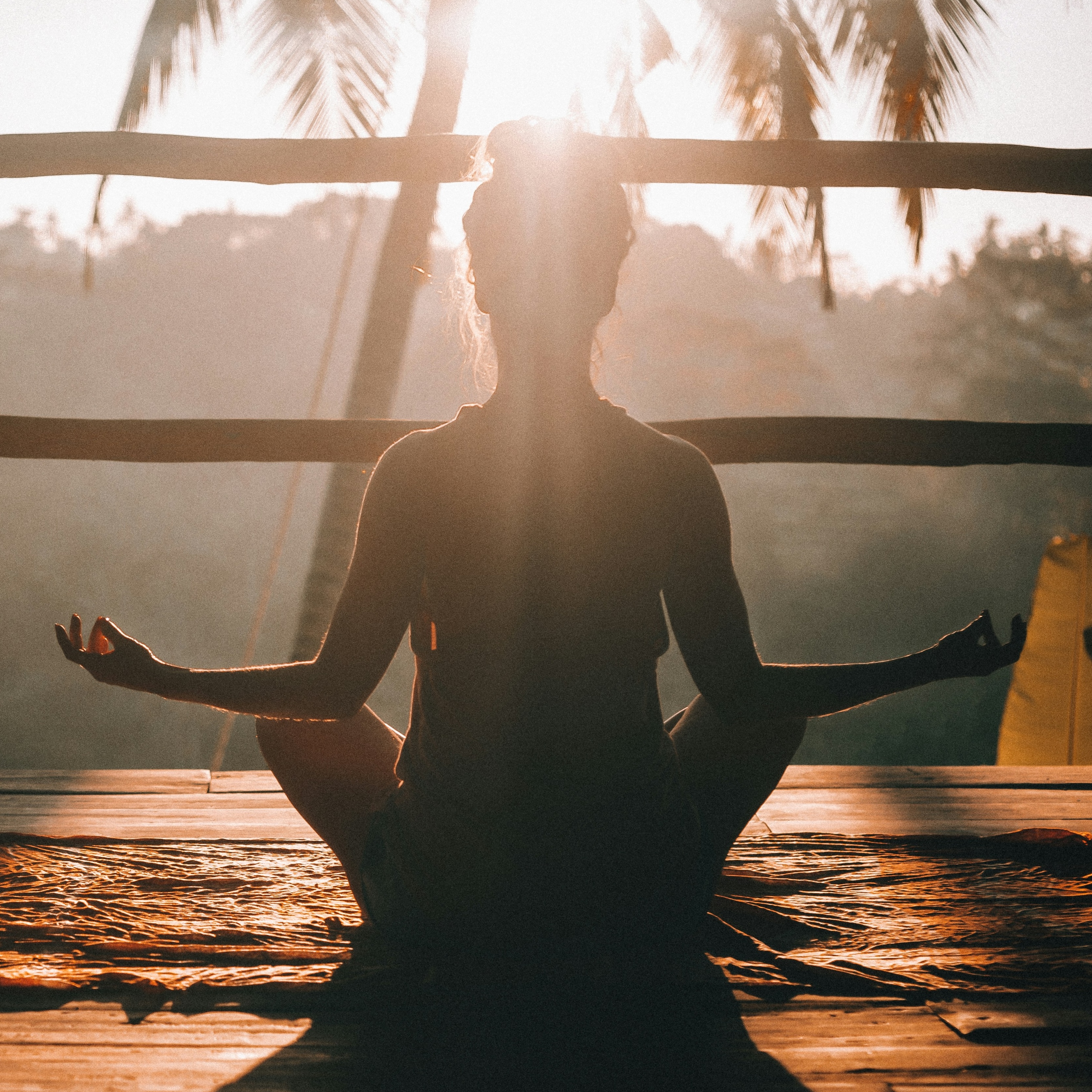Silhouette of a person meditating at sunrise with palm trees in the background.