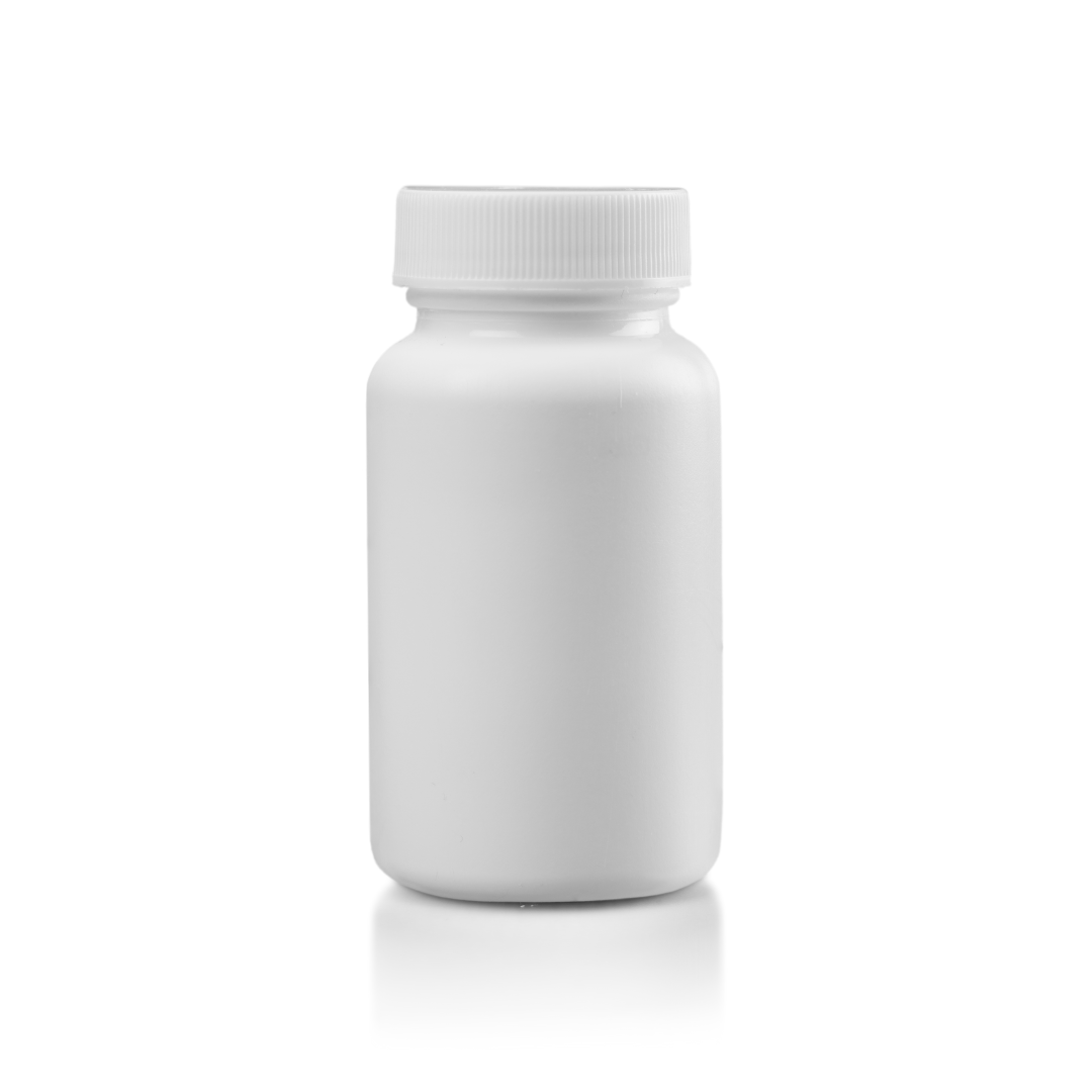 White plastic bottle with a screw cap on a plain background.