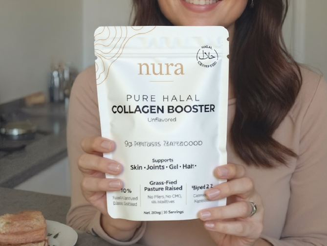Person holding a bag of Nura Pure Halal Collagen Booster.