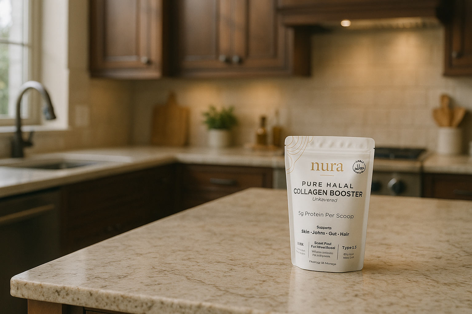 Collagen booster package on a kitchen countertop with wooden cabinets in the background.
