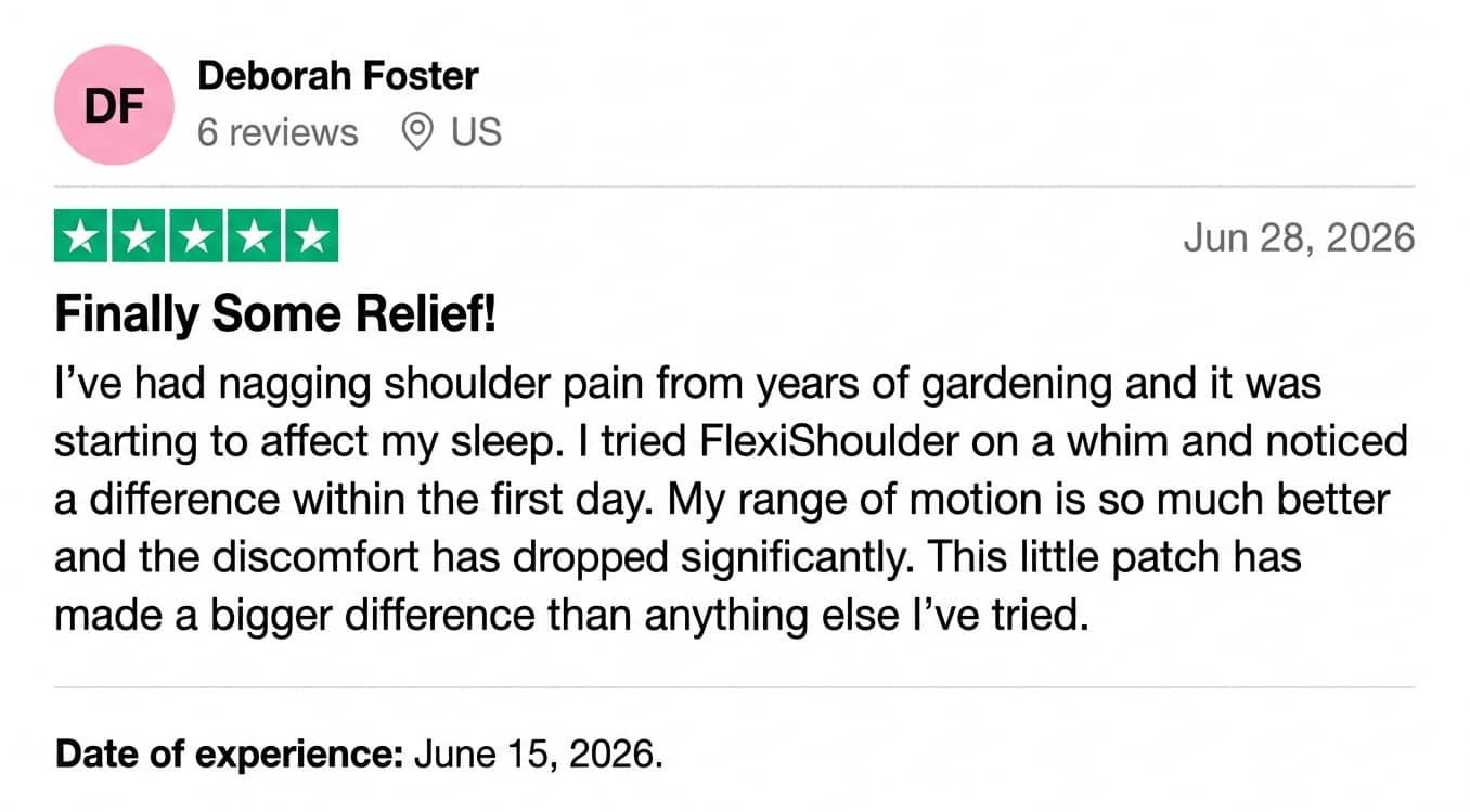 A five-star review for FlexiShoulder by Deborah Foster, titled 'Finally Some Relief!'.