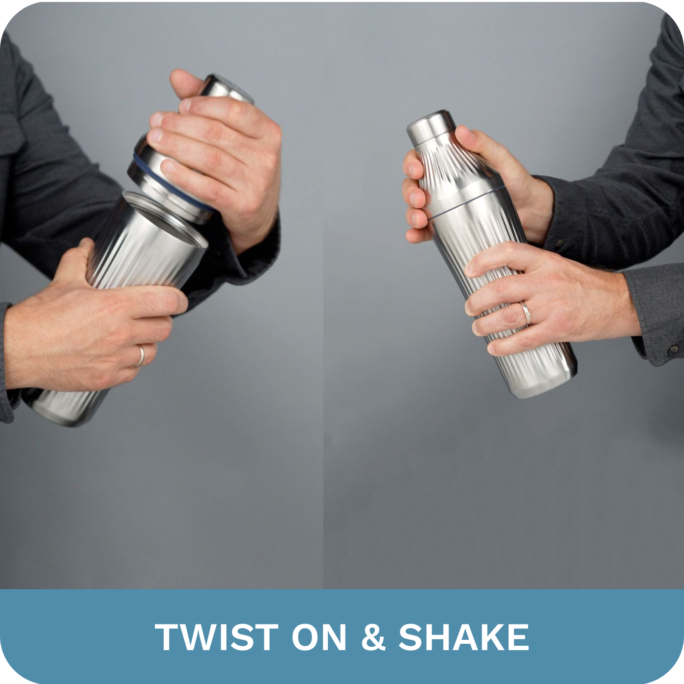 Two hands demonstrating how to twist and shake a metal cocktail shaker.