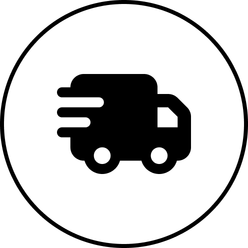 Silhouette of a delivery truck inside a circle.