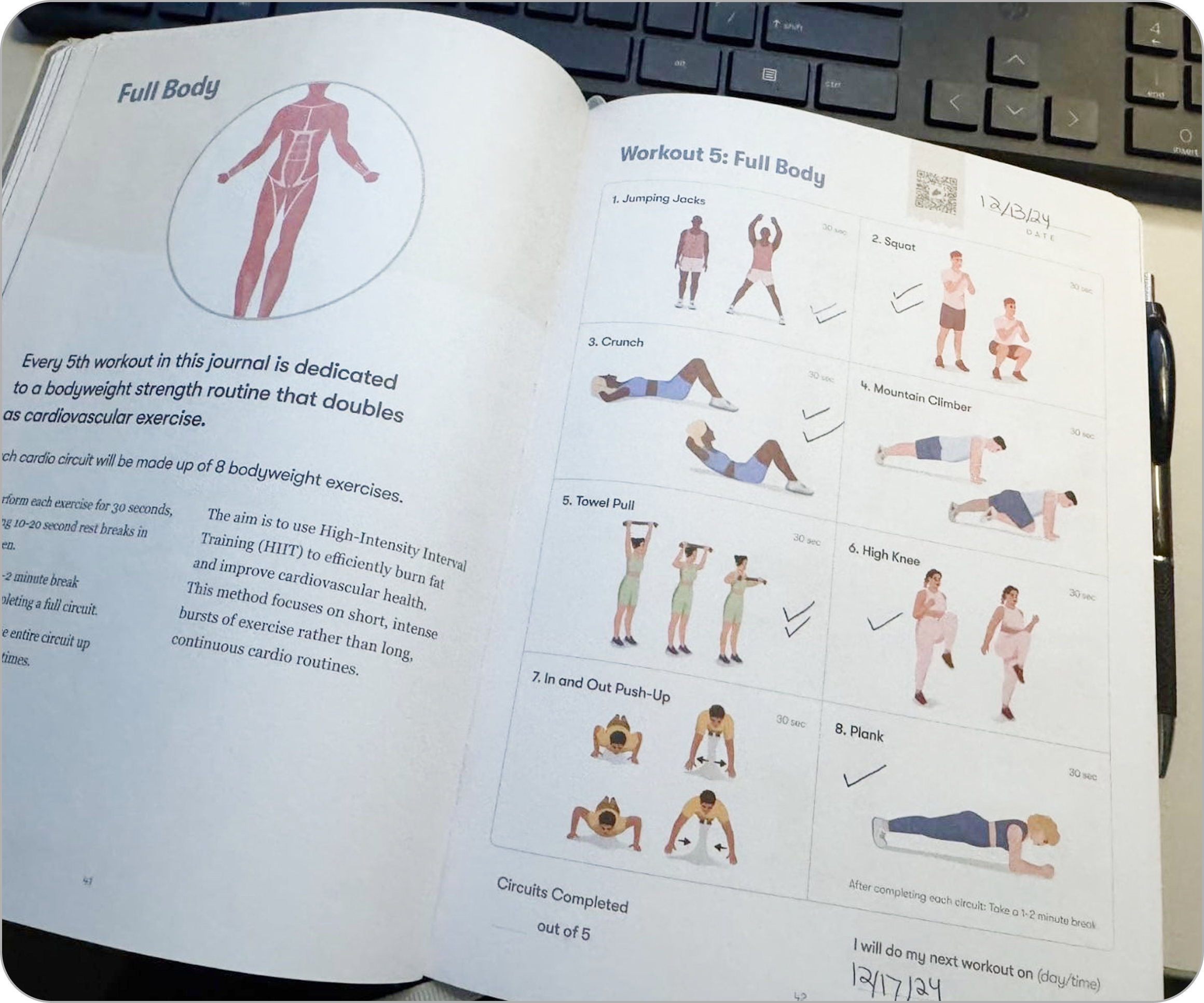 Open workout journal showing full body exercises with illustrations and descriptions.