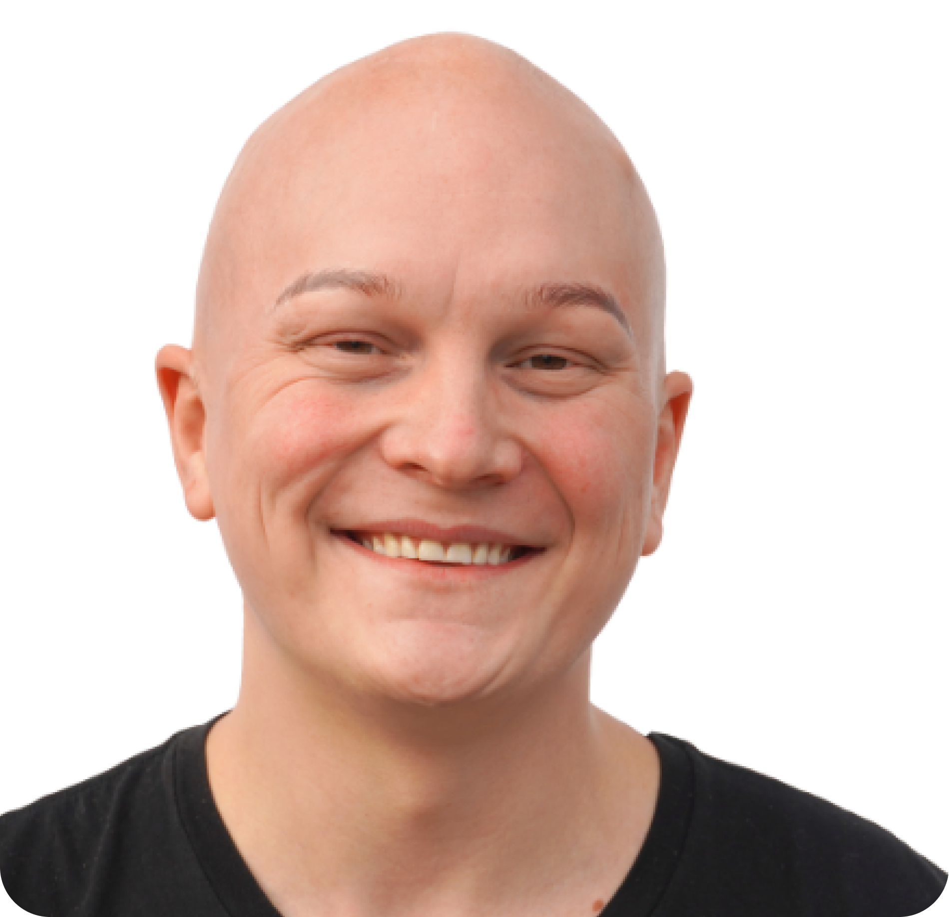 Smiling person with a shaved head and a black shirt.