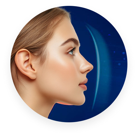 Profile of a woman with a blue background, featuring a curved light effect.