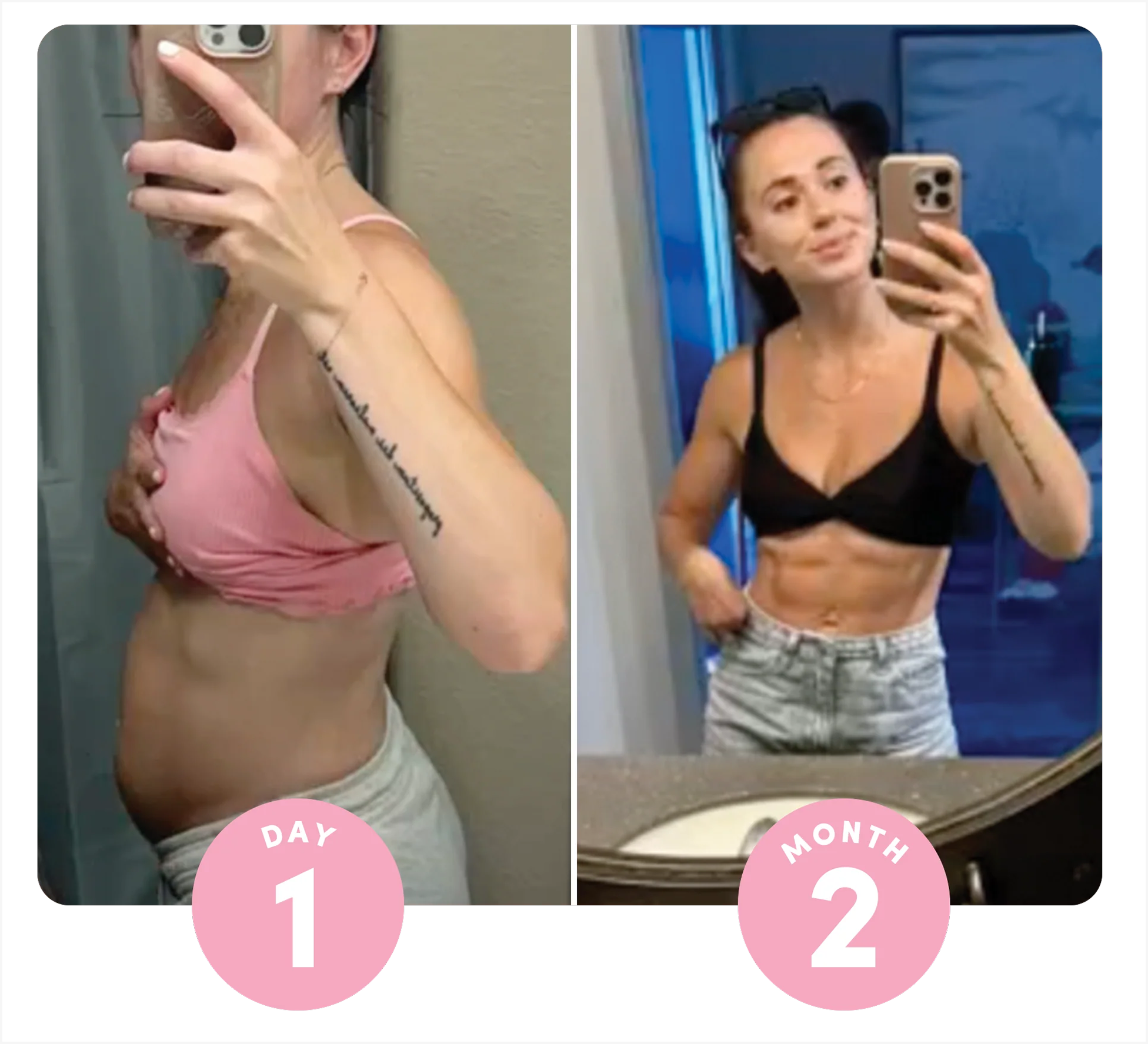 Side-by-side comparison of a woman's body transformation over two months.