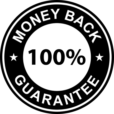 Black and white 100% money back guarantee badge.