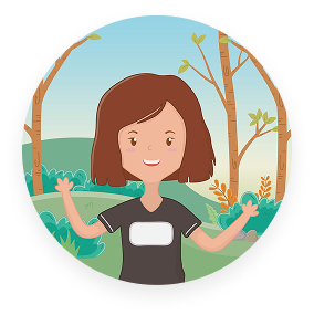 Cartoon character with brown hair in nature setting with trees and bushes.