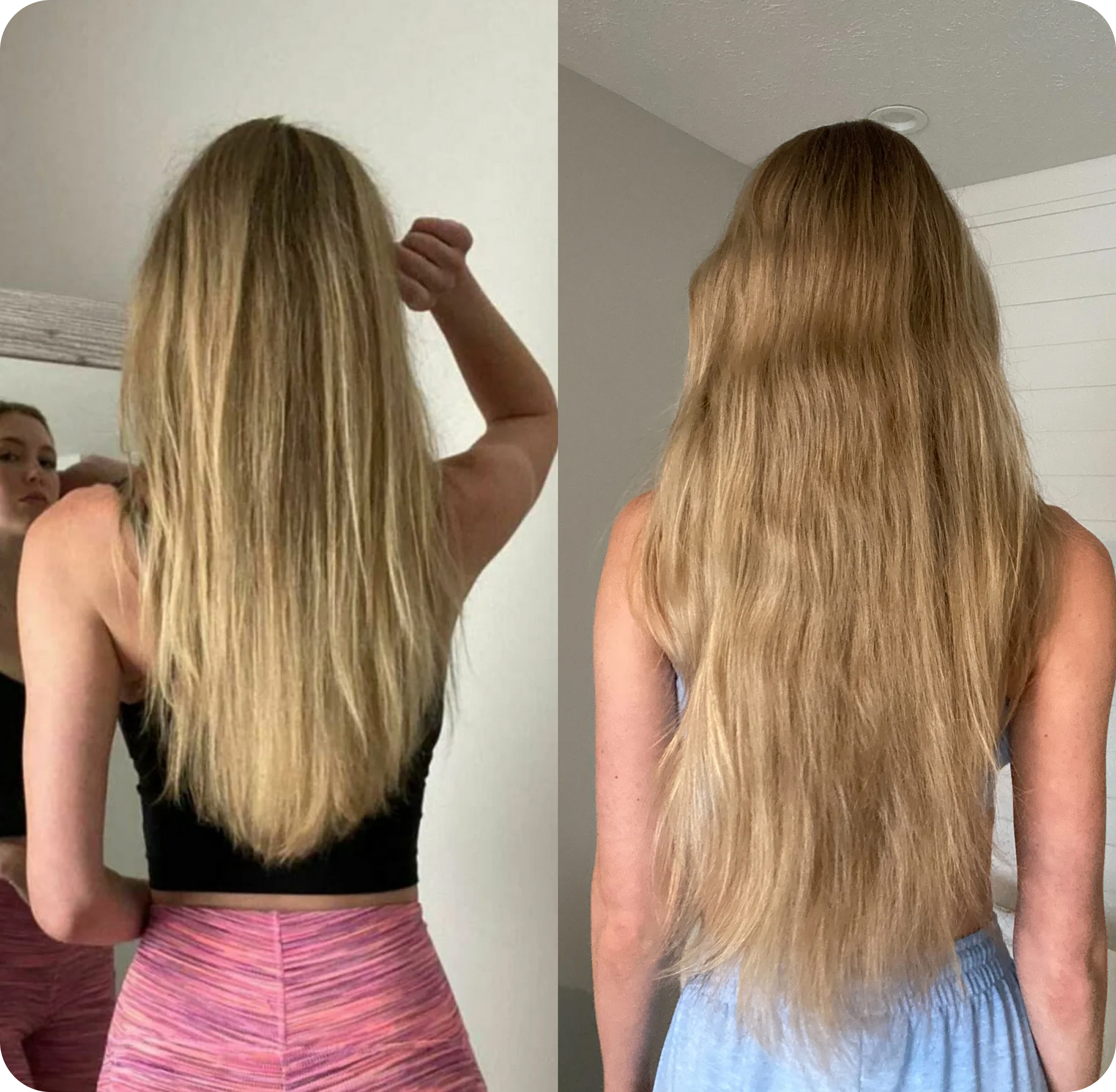 Two images showing the back of a person with long blonde hair.