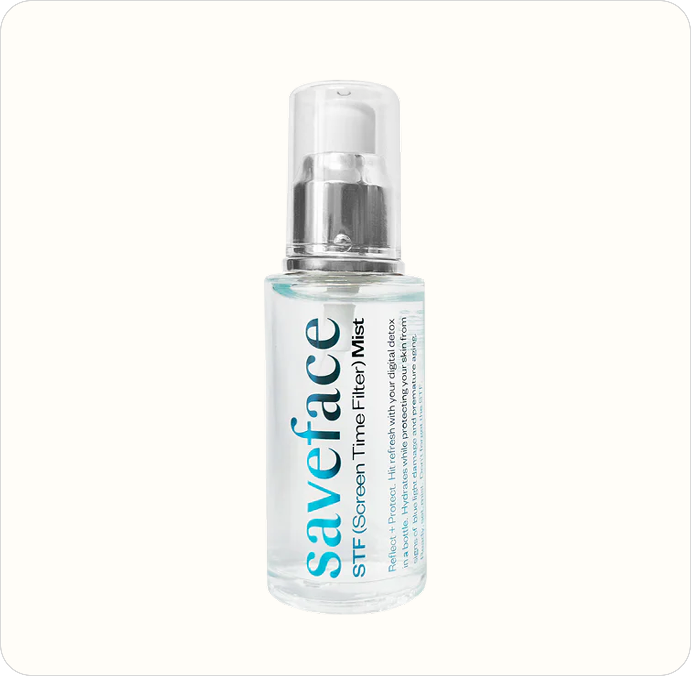 A bottle labeled 'saveface STF Screen Time Filter Mist' with a spray nozzle.