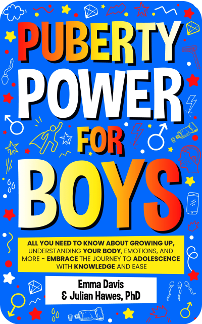 Book cover titled 'Puberty Power for Boys' with colorful icons.