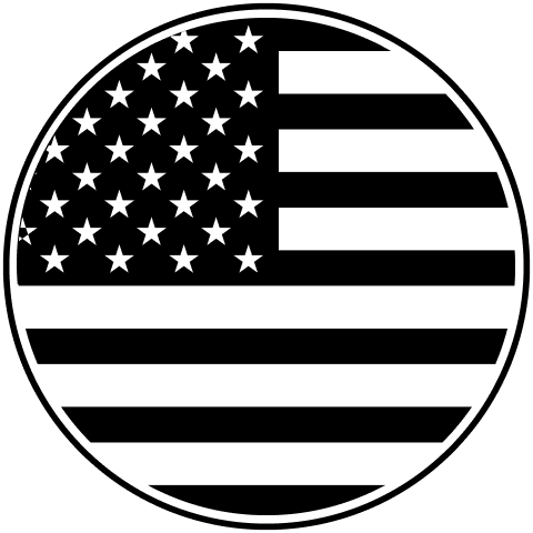 Black and white circular American flag icon.
