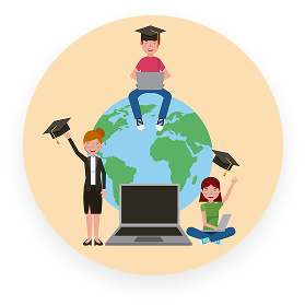 People with graduation caps around a globe and a laptop.