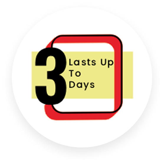 Circular graphic with '3 Lasts Up To Days' on a yellow and red background.