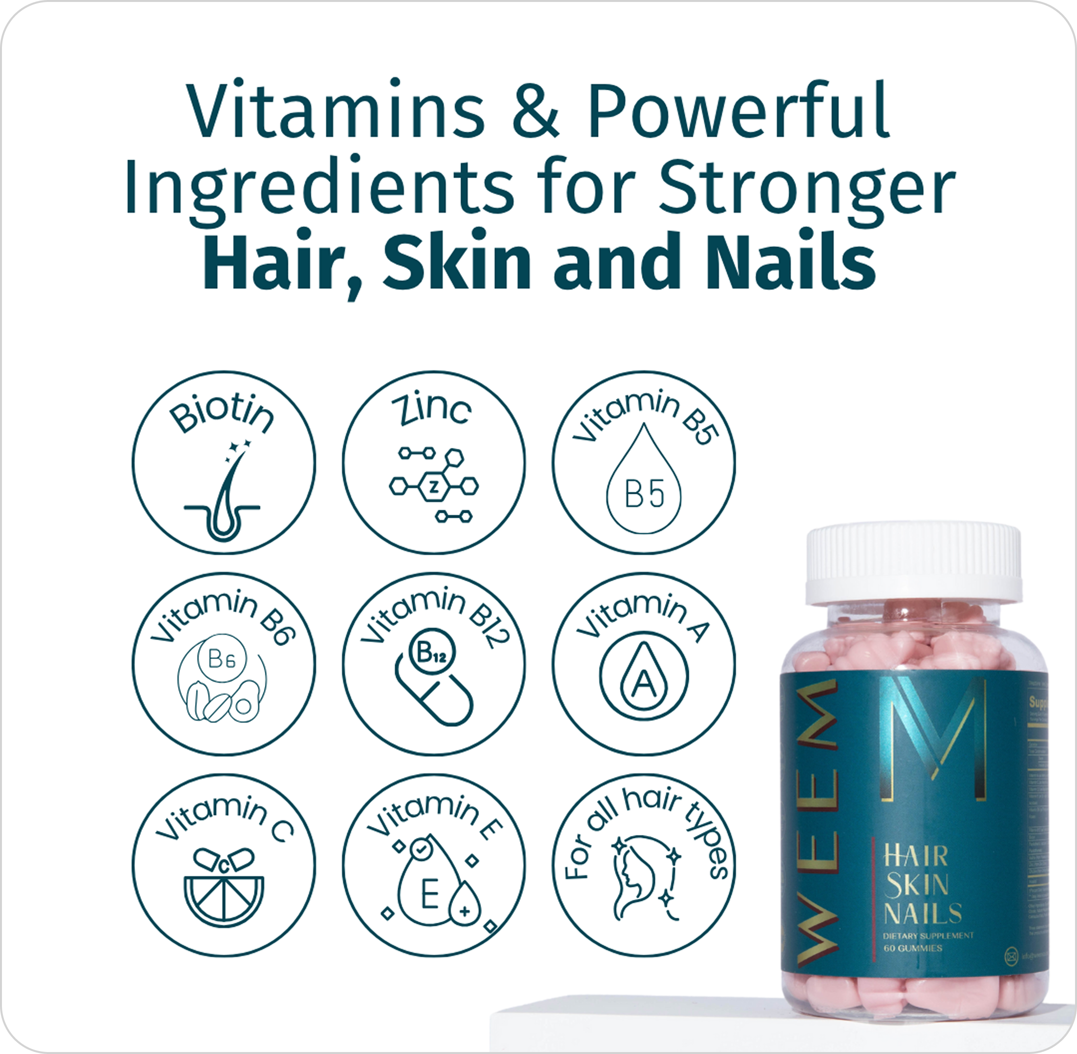 Bottle of gummies with icons of vitamins and ingredients for hair, skin, and nails.