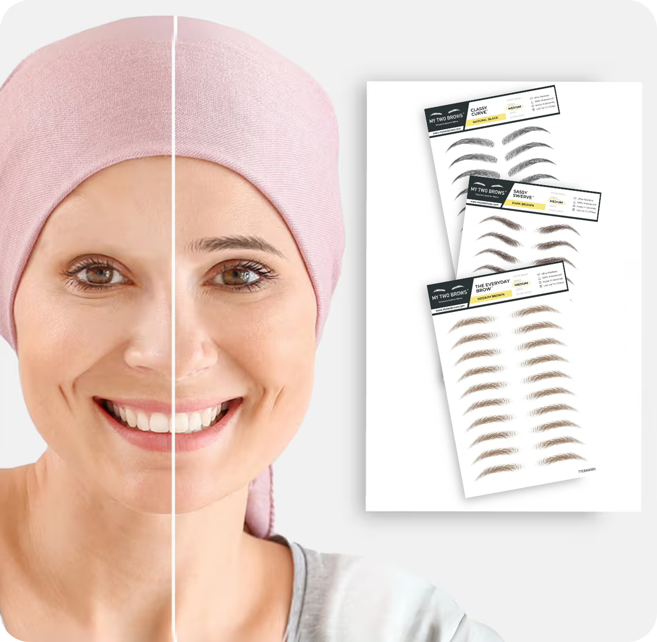 Smiling woman in pink headscarf with eyebrow product sheets on the side.