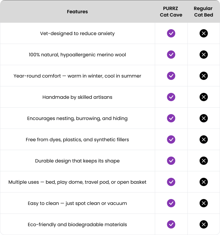 Comparison table of features with check marks and crosses.