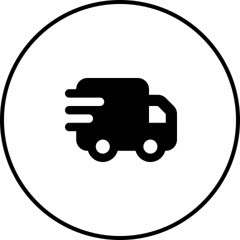 Silhouette of a delivery truck with motion lines inside a circle.