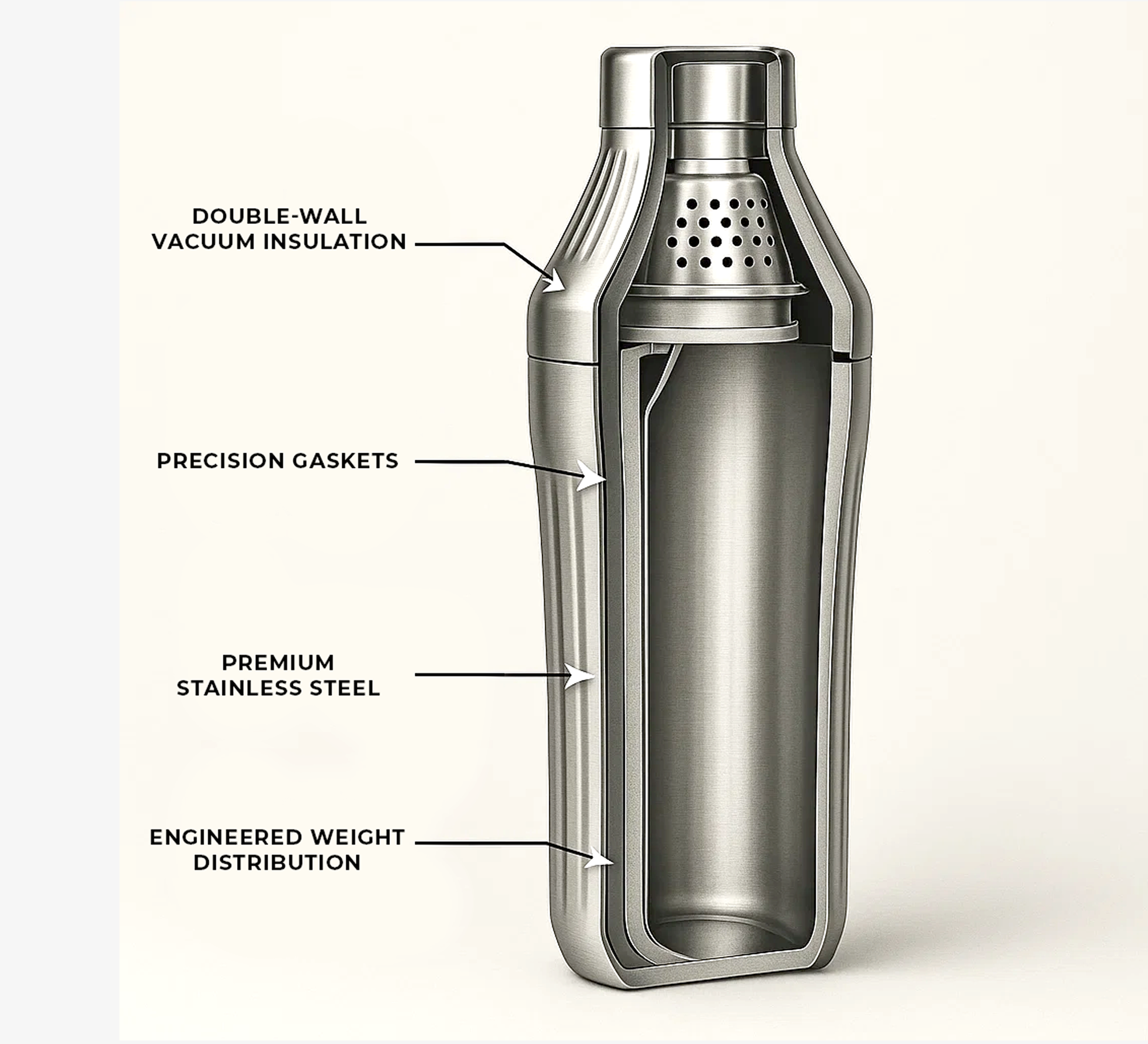Cross-section of a stainless steel bottle with labeled features.