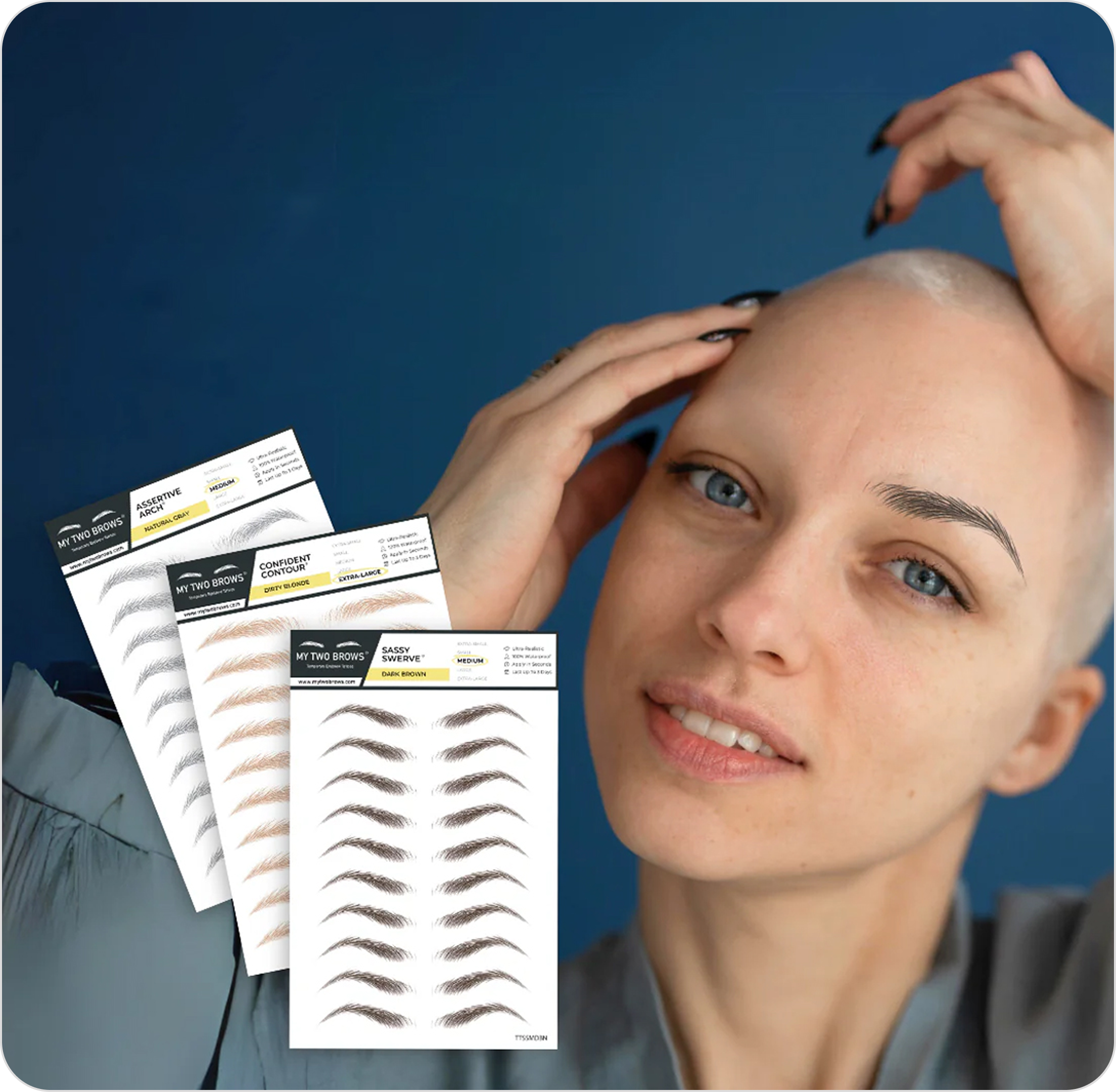 A person with a bald head and eyebrow templates on a blue background.