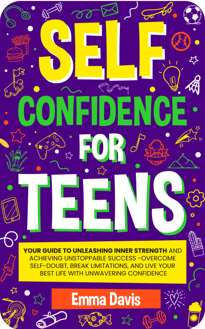 Colorful book cover titled 'Self Confidence for Teens' by Emma Davis.