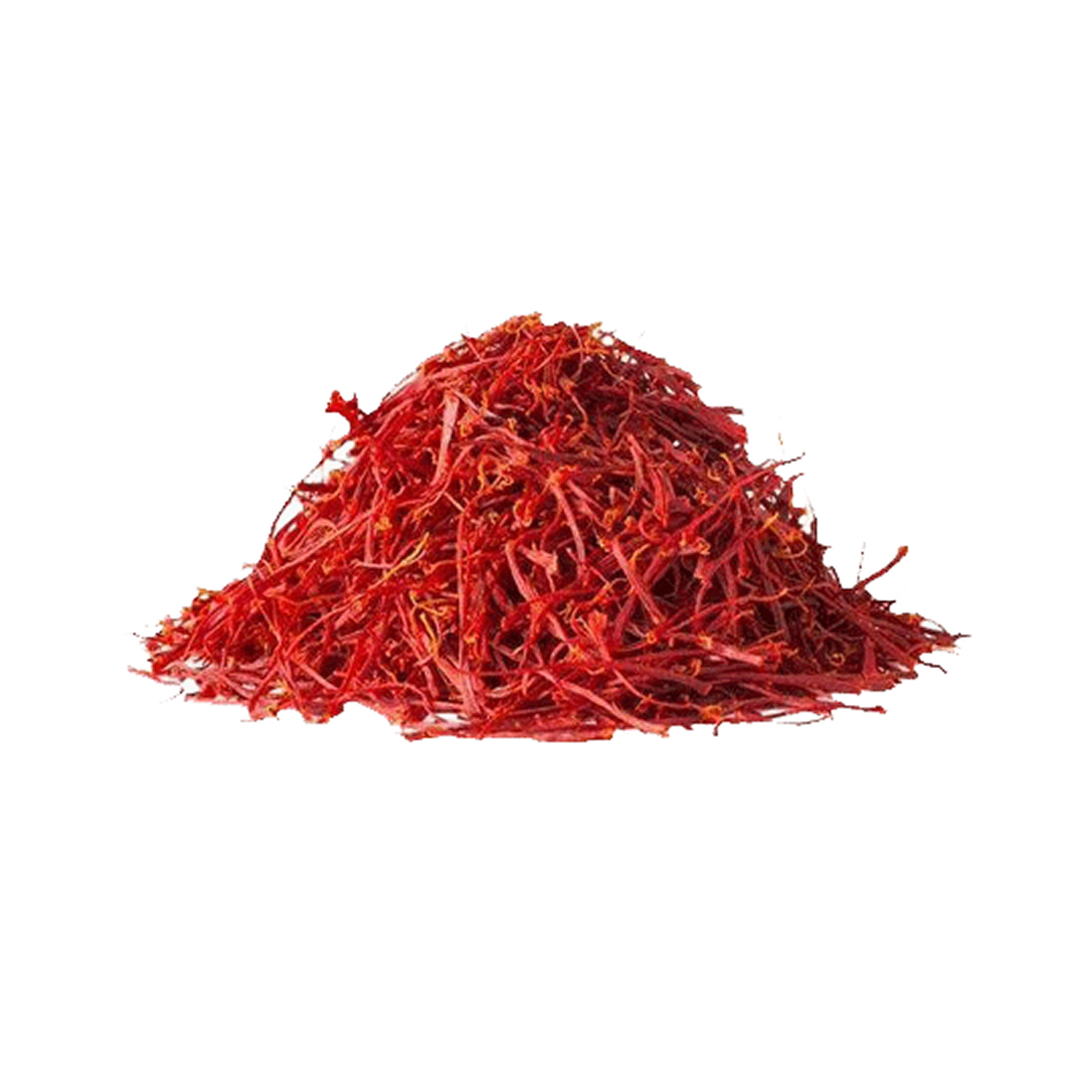 A pile of red saffron threads on a white background.