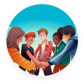 Illustration of five diverse people in a circle, placing hands together in unity.