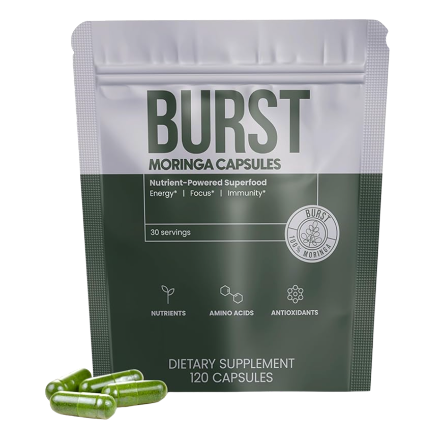 Packet of Burst Moringa Capsules and green capsules beside it.