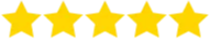 Five yellow stars in a row on a transparent background.