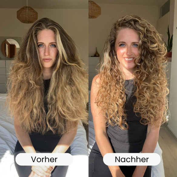 Before and after hair transformation showing straight to curly hairstyle.