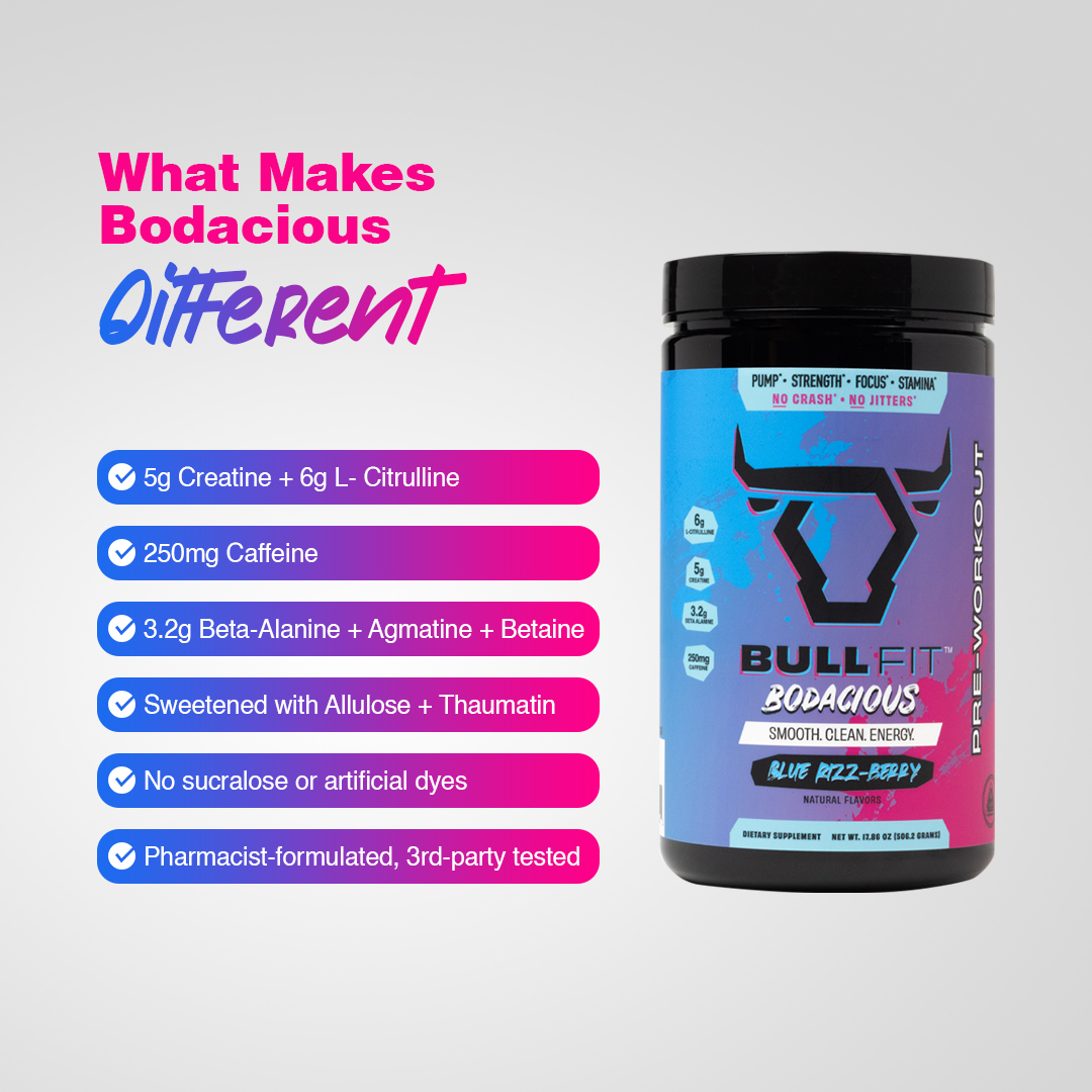 Pre-workout supplement bottle with product features listed beside it.