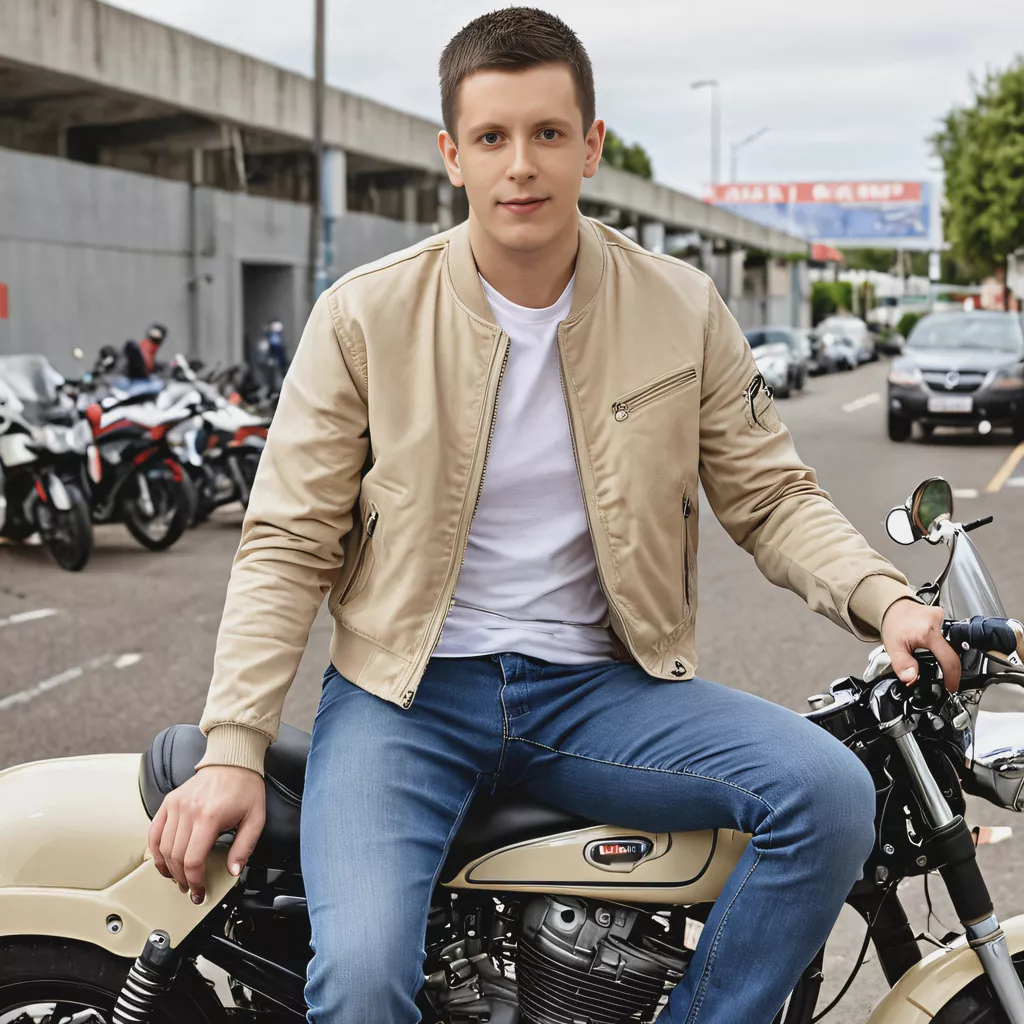 A young man in a beige jacket and blue jeans sits on a cream-colored motorcycle.