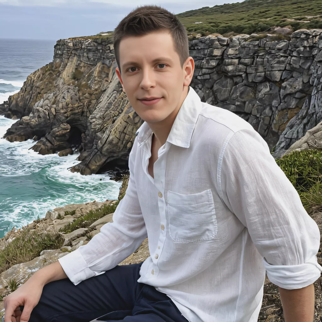 A young man in a white shirt sits on a rocky cliff overlooking the ocean.