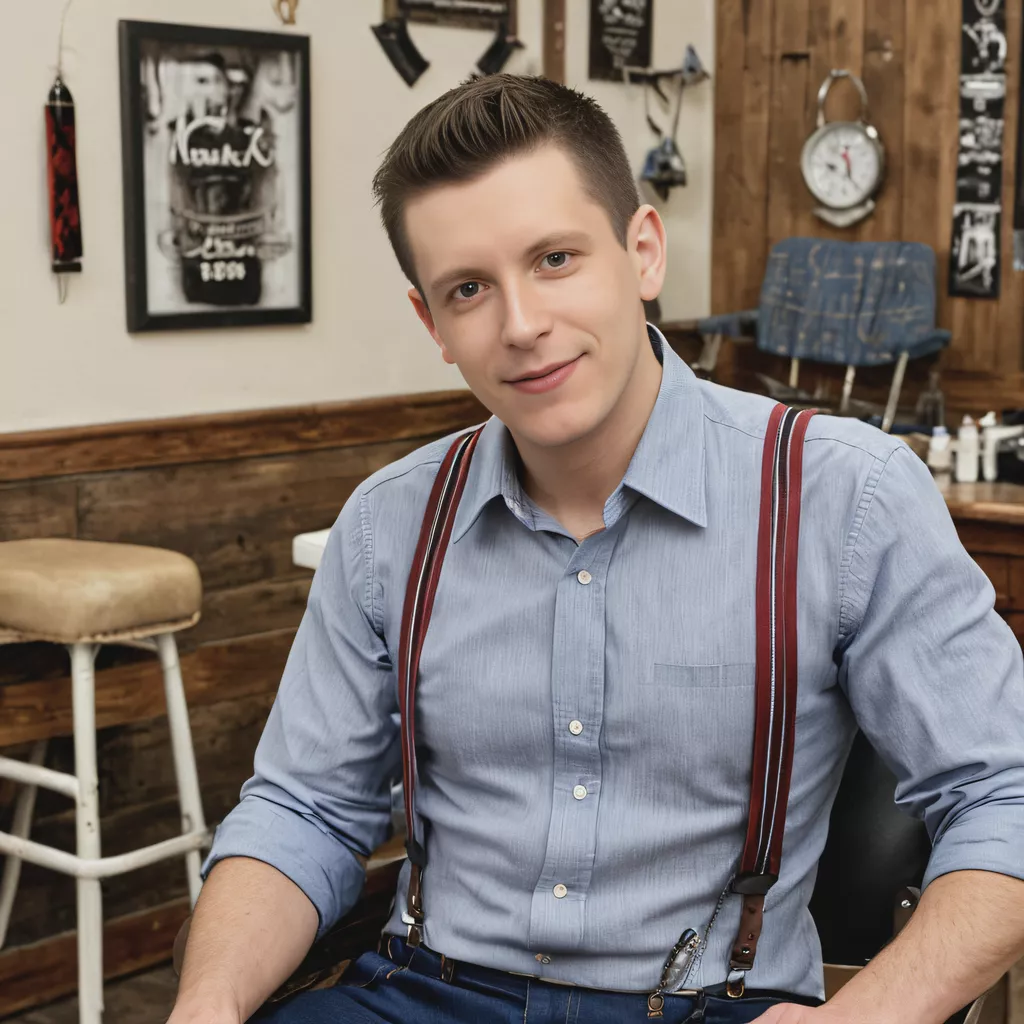 A young man in a blue shirt and red suspenders sits in a barber shop, looking at the camera.