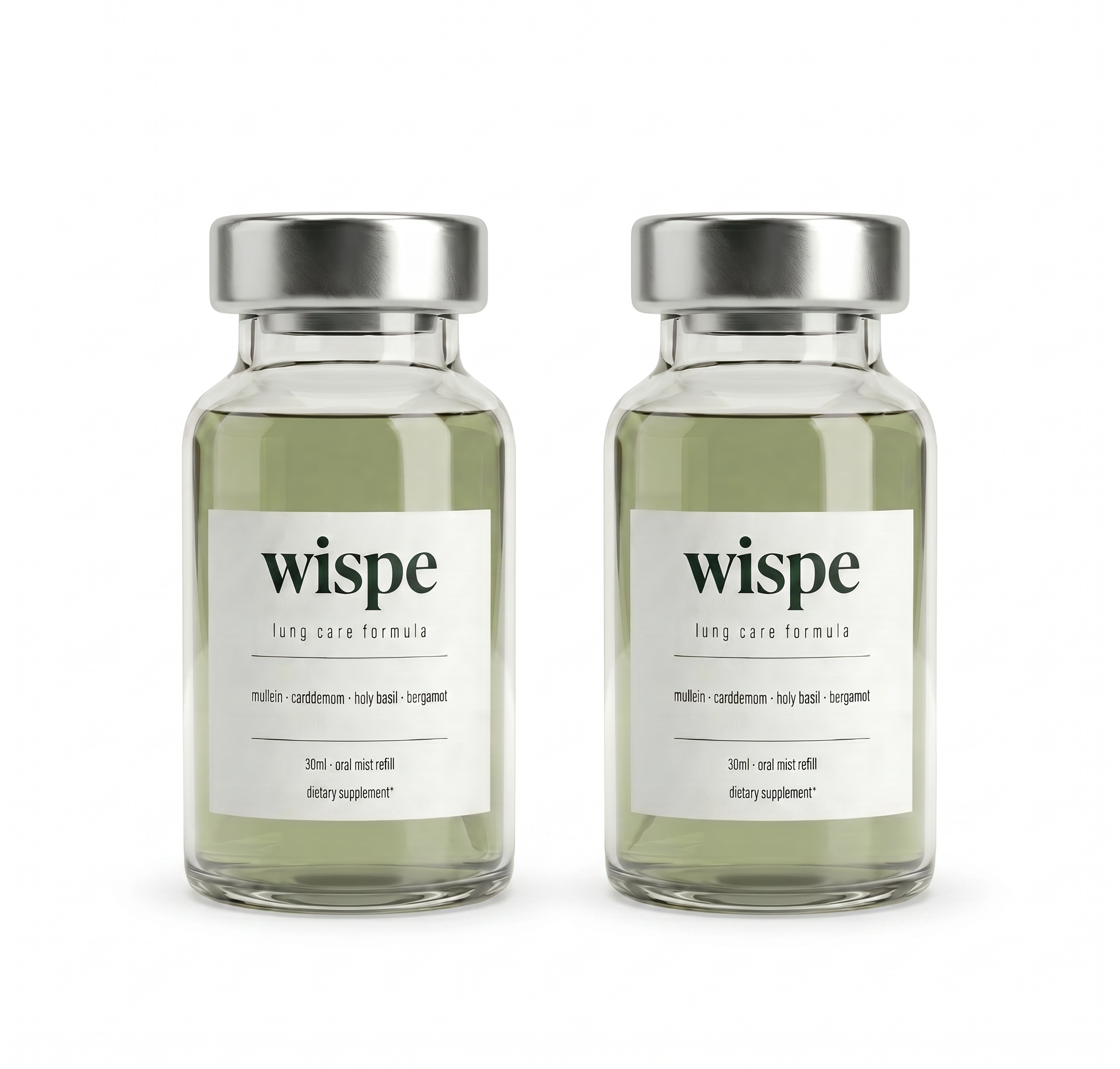 Two glass bottles of Wispe lung care formula dietary supplement against a white background.