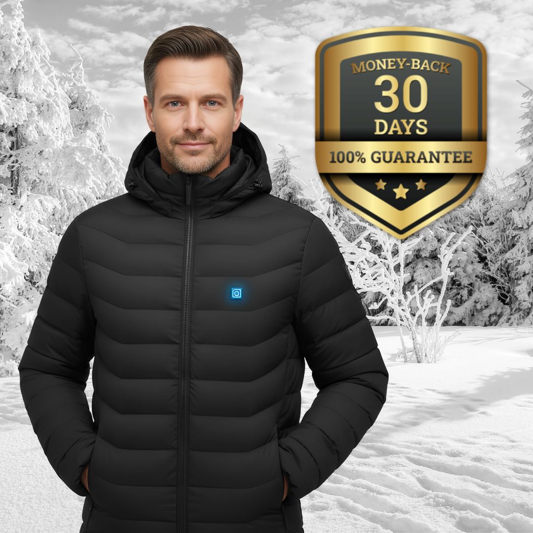 Man in black jacket standing in snowy landscape, with a 30-day money-back guarantee badge.