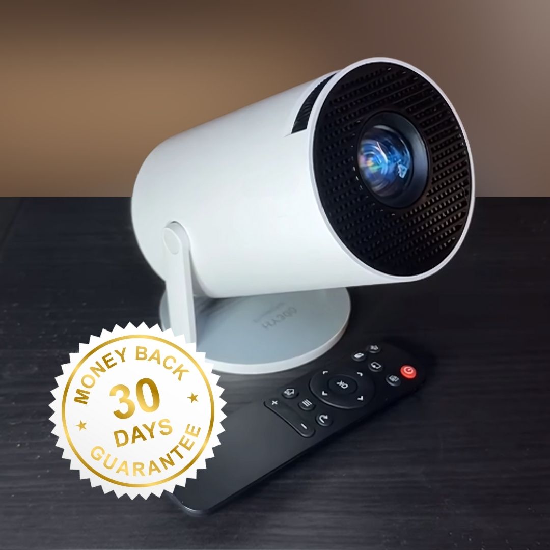 White projector with remote control and 30-day money-back guarantee badge.