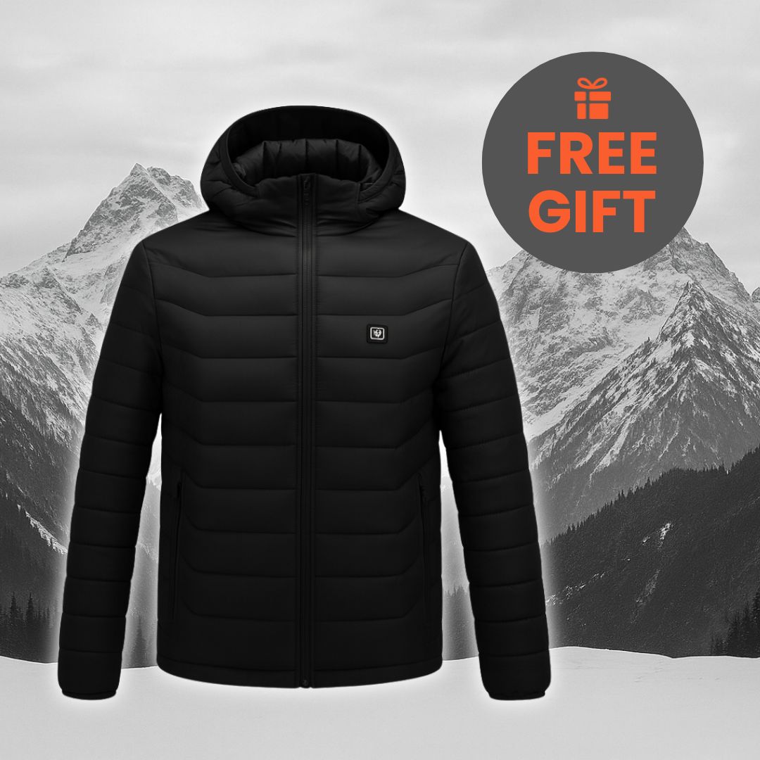 Black jacket with hood in front of snow-capped mountains, 'Free Gift' text above.