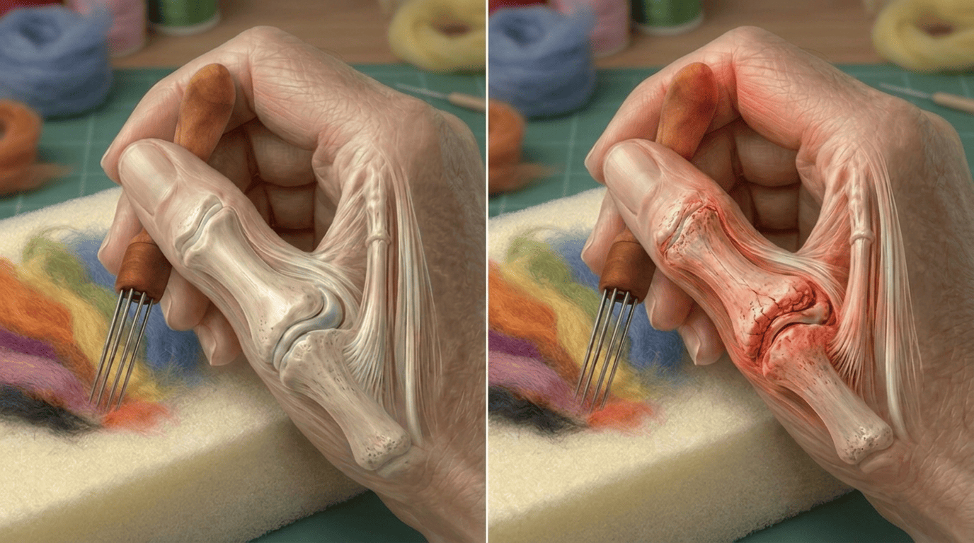 Anatomical illustration comparing a healthy thumb joint with an arthritic thumb joint during needle felting.