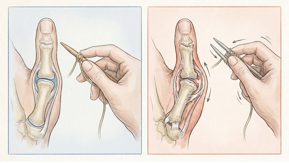 Medical illustration comparing a healthy thumb joint to an arthritic thumb joint, showing the effects of knitting.