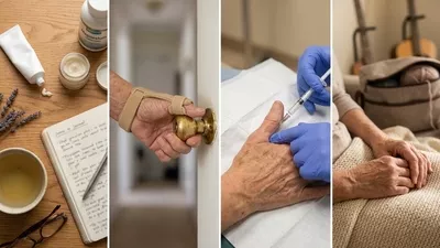 A collage of four images depicting hand care, including creams, a wrist brace, an injection, and resting hands.