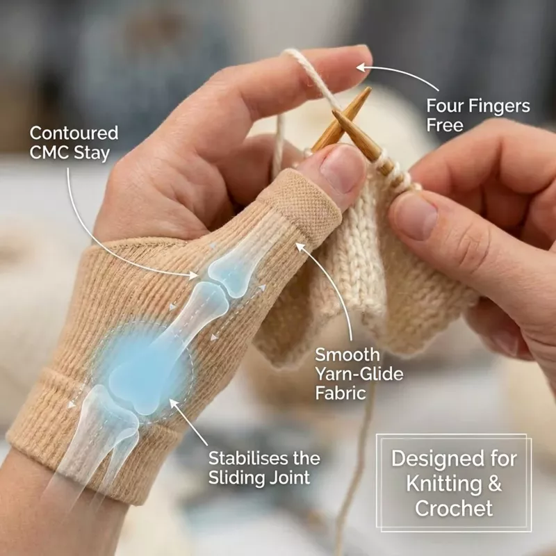 A person knitting while wearing a beige thumb support brace with callouts highlighting its features.