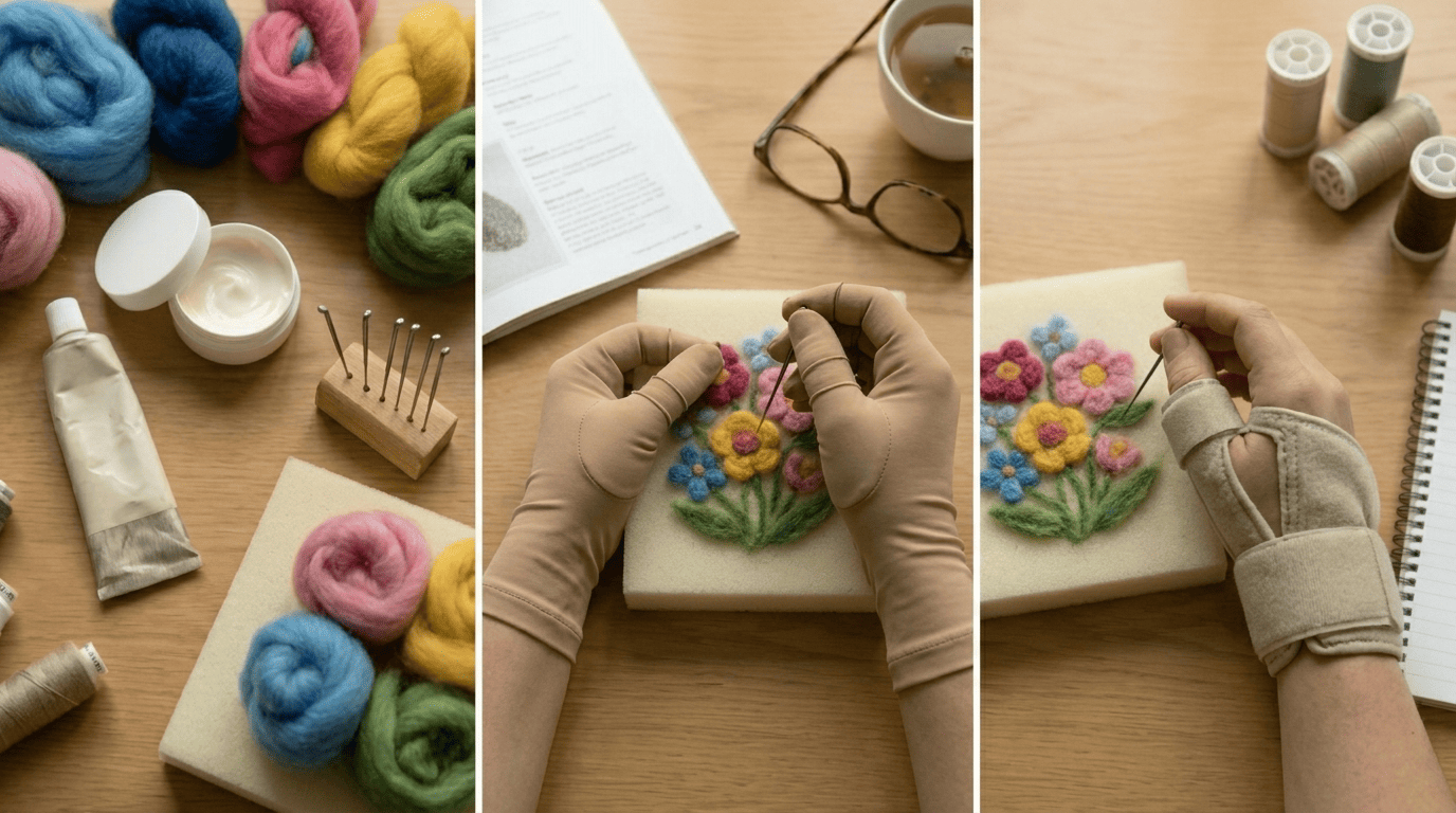 A person needle felting with colorful wool while wearing compression gloves and a wrist brace.