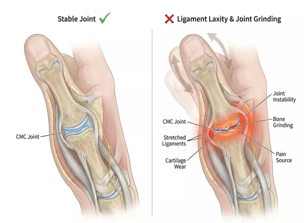 A medical diagram comparing a stable thumb joint with an unstable joint experiencing ligament laxity and grinding.